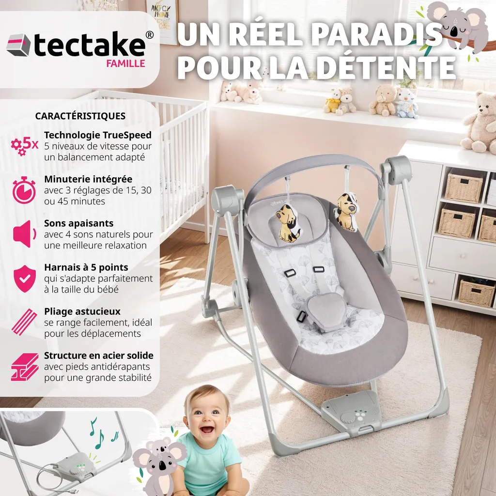 Balancelle bébé pliable 5 vitesses de bercement avec timer intégré - 2