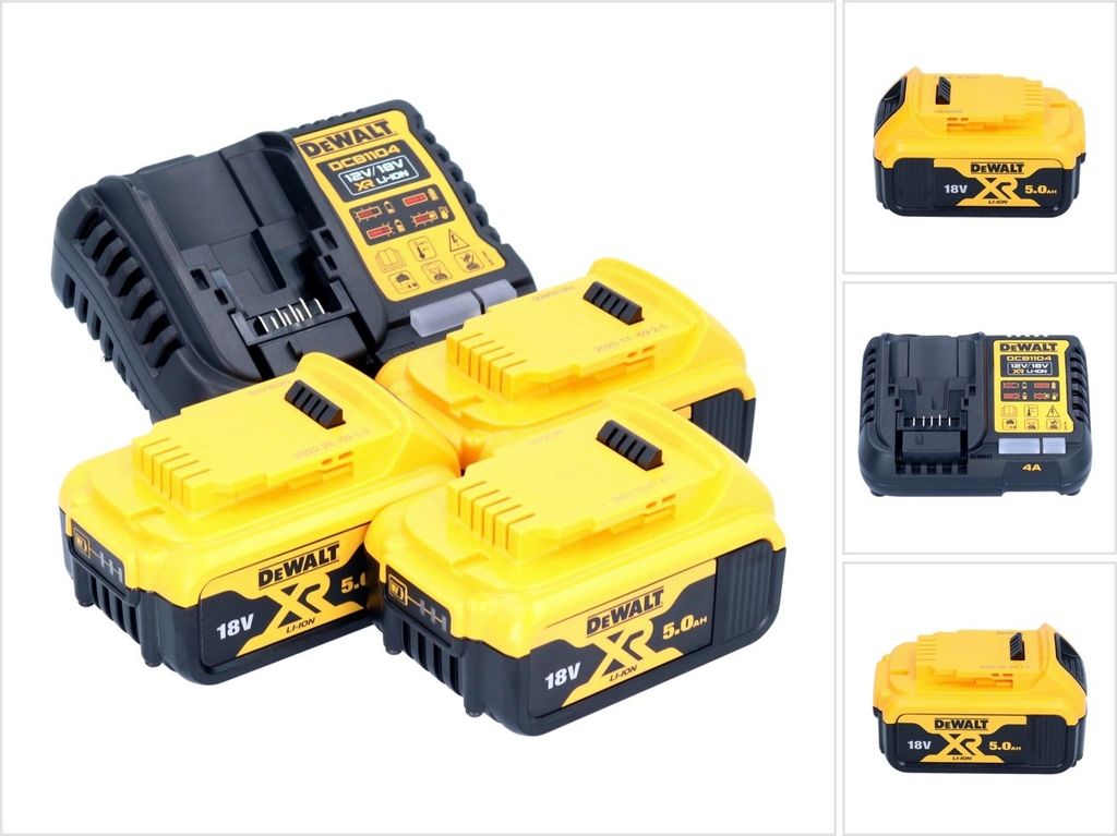 A DeWALT battery charger and three batteries are arranged on a white background.