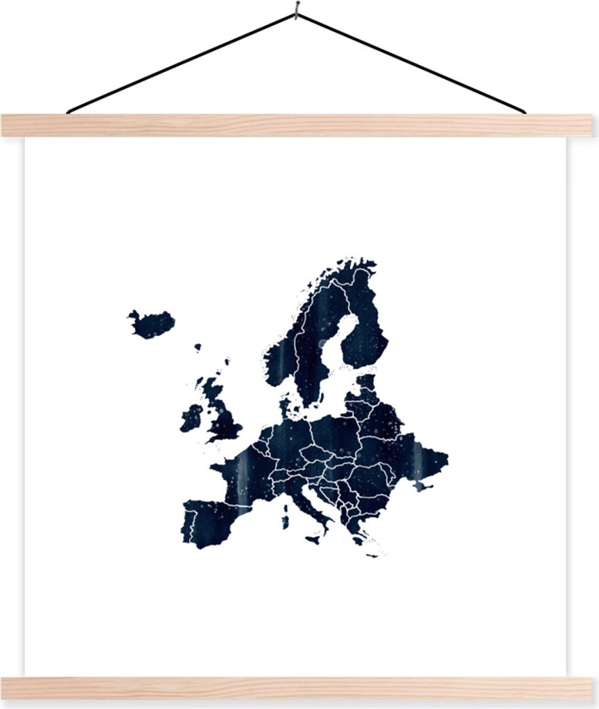 MuchoWow Textilposter Europa Karte - Schwarz und Weiß 120x120 cm mit holzfarbenen Rahmen - Textil-Poster