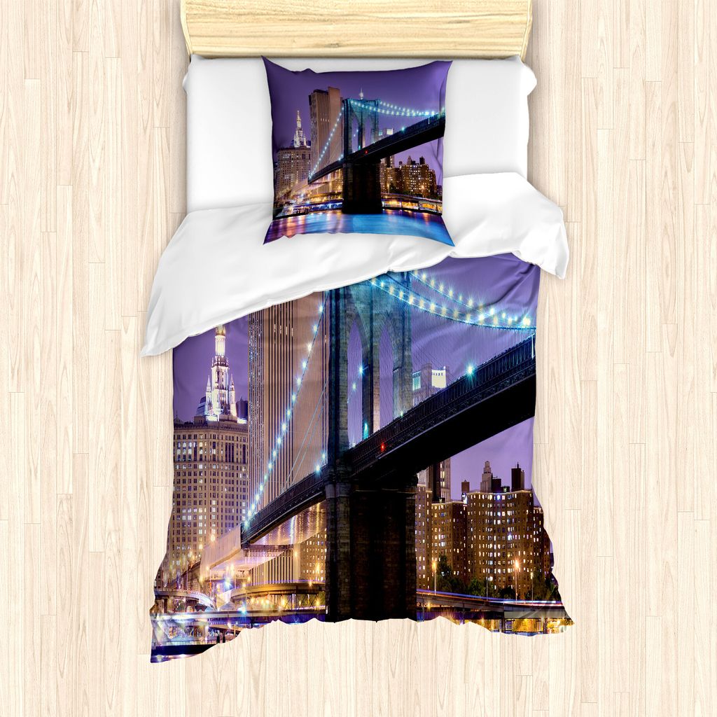 ABAKUHAUS NYC Szene Bettbezug Set für Einzelbetten, Brücke in Richtung Manhattan, Milbensicher Allergiker geeignet mit Kissenbezug, 135 cm x 200 ...