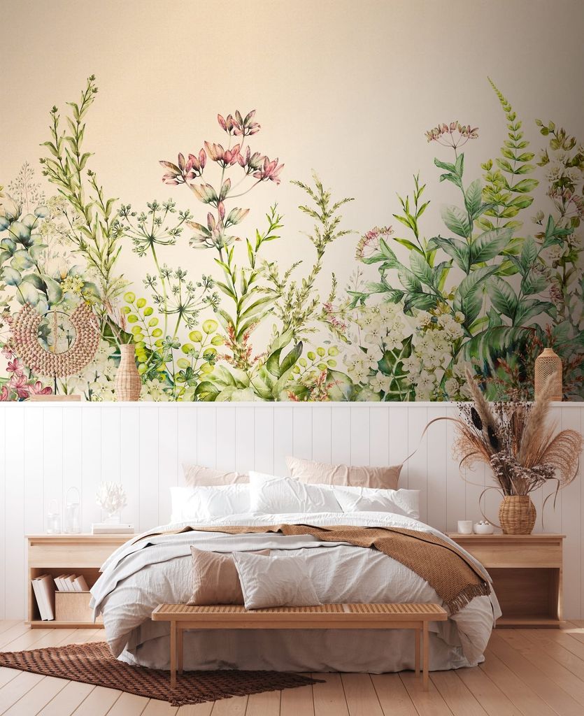 NEWROOM Tapete Beige Vliestapete Dschungel - Wandbild Modern Grün Rosa Blumen Blätter Tapete Floral Dschungel