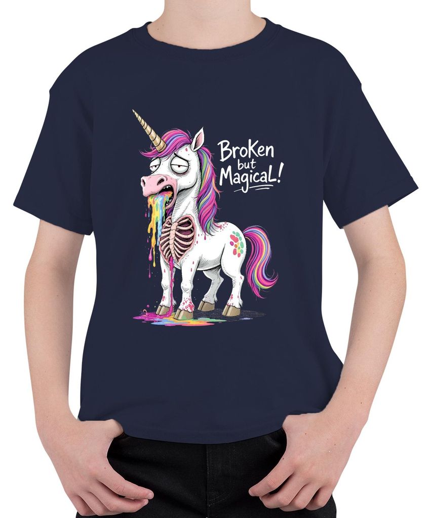 Broken but Magical Unicorn Rainbow Vomit Skeleton Funny Uni Kinder T-Shirt, Navy, 104