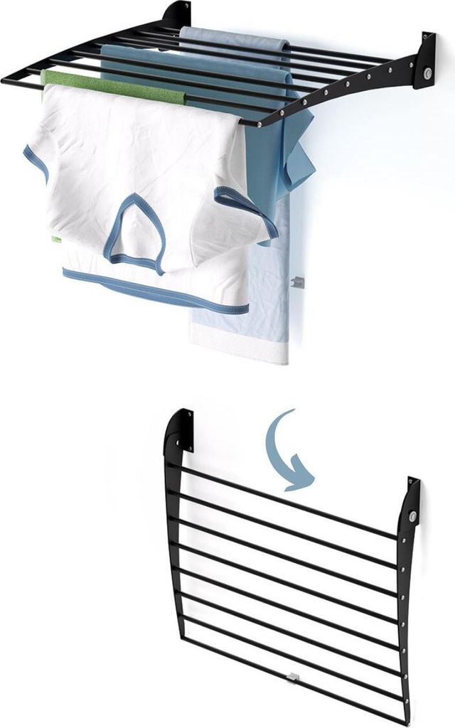 A wall-mounted drying rack shown in use with laundry and then shown folded.