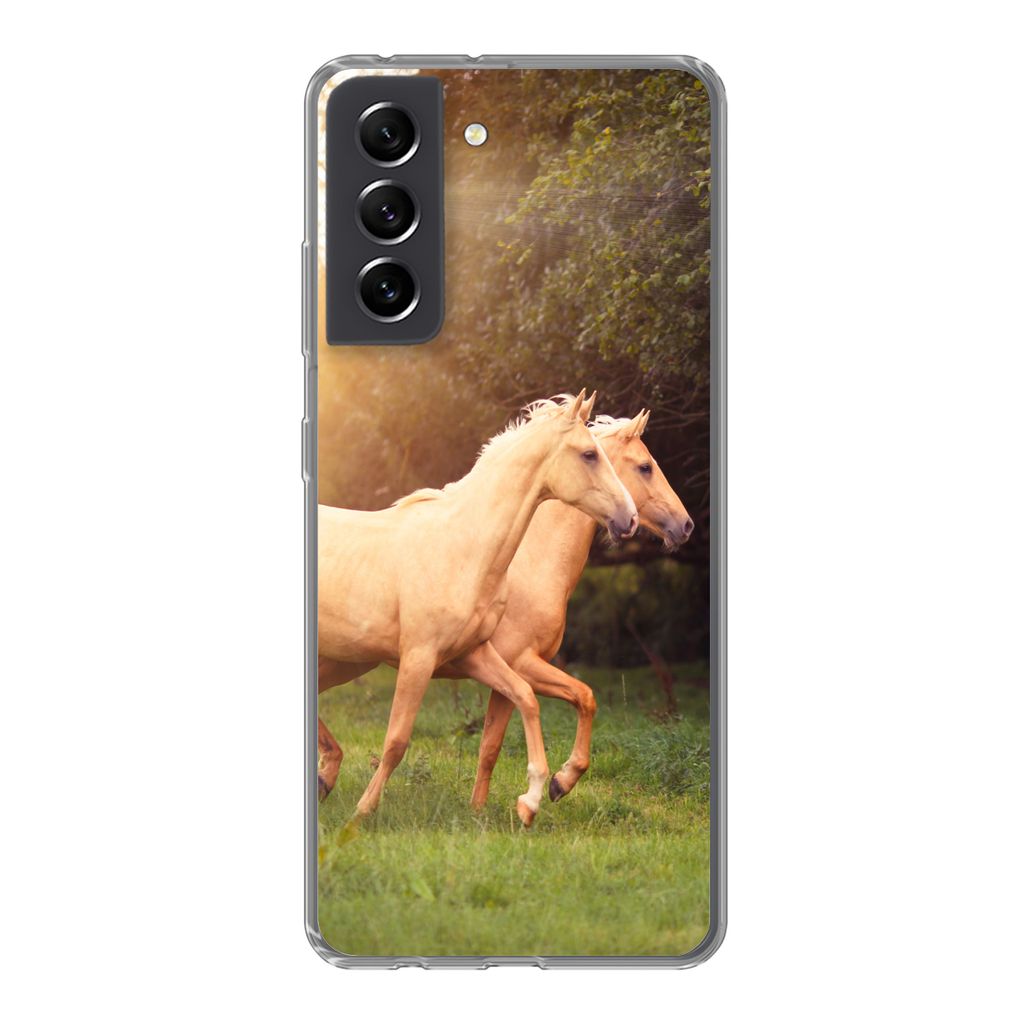 MuchoWow Handyhülle Schutzhülle Hülle für Samsung Galaxy S21 FE Pferde - Wald - Sonne Silikon Softcase Handy Hülle - Mobiltelefonhülle
