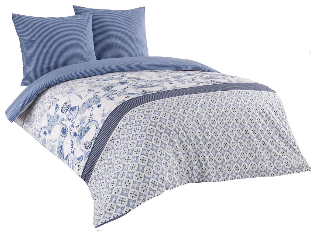 Bettwäsche 200x220 cm Baumwolle Renforce blau weiß Produktbild 