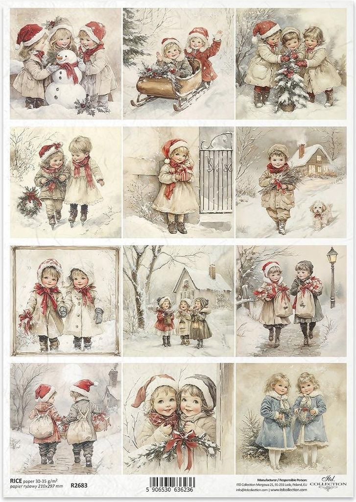 Reispapier für Decoupage A4 - Vintage, Kinder, Winter - R2683 - Itd Collection