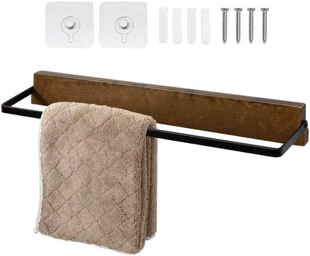 Porte-serviettes adhésif 37cm en bois chêne et métal noir mat