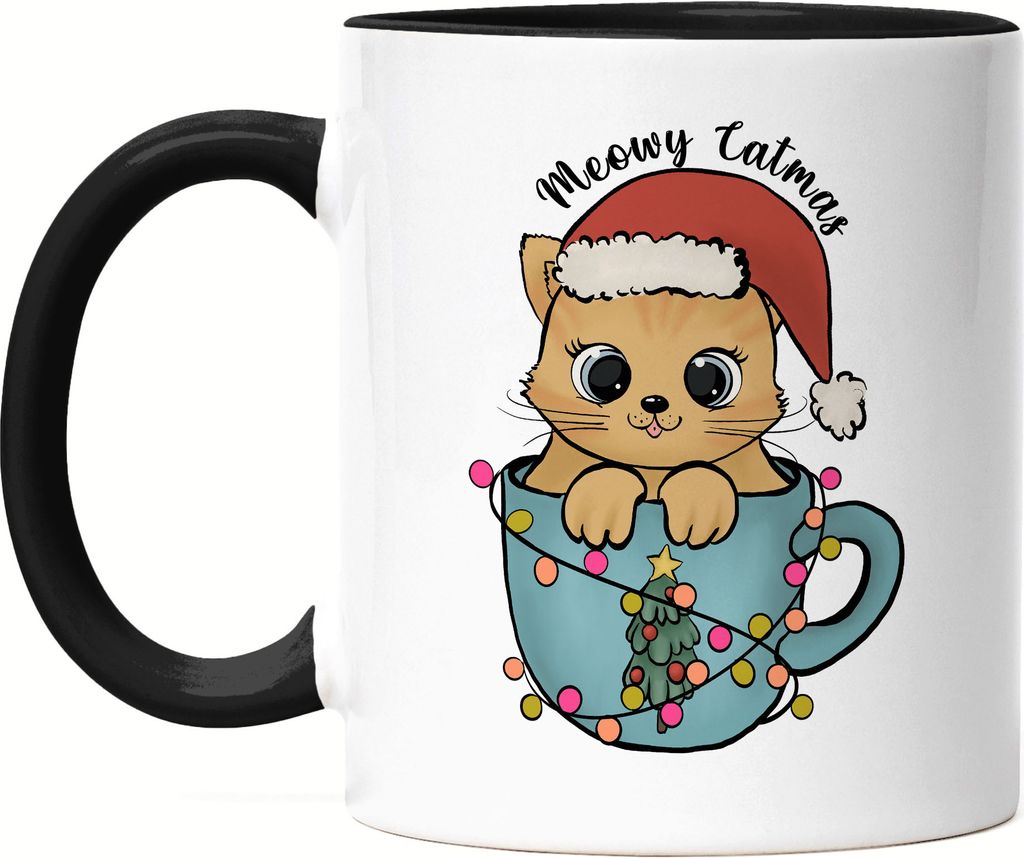 Meowy Catmas Tasse Schwarz Geschenkidee Katzen-Fans Süßes Motiv für Weihnachten für Katzenmamas und Katzenpapas
