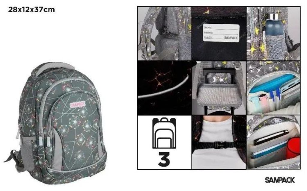 Dreiteiliger Schulrucksack Dmuchawce graphitgrau 28 x 12 x 37 cm