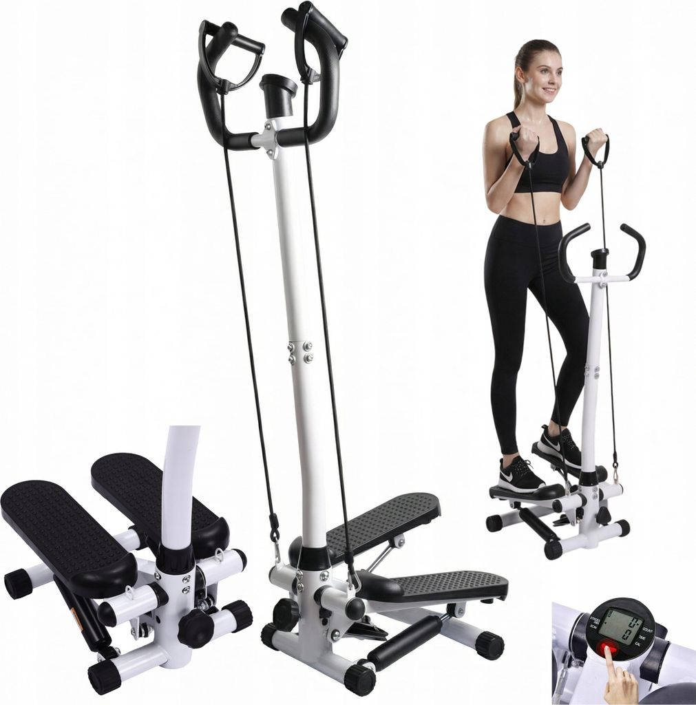 Fitness Stepper mit Haltestange & Expander-Bändern | Ganzkörpertraining für Zuhause | LCD-Display & leise Hydraulik bis 100kg