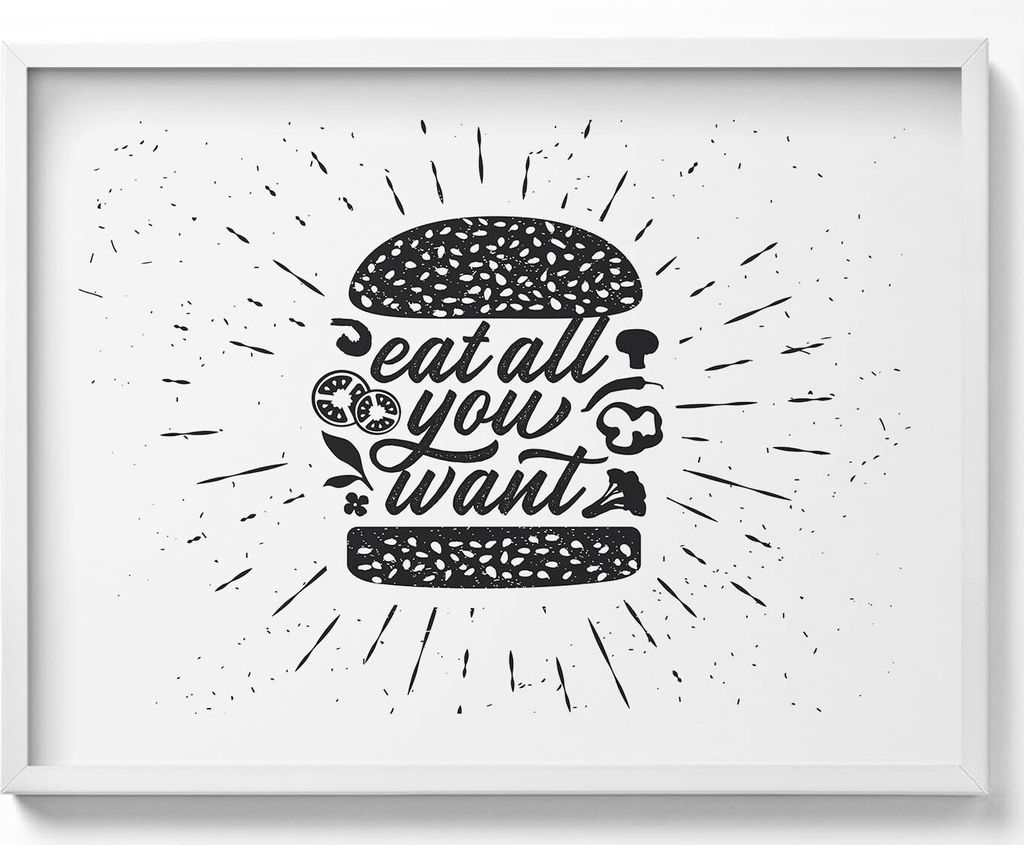Eat all you want - Schild für die Küche– Wandbild mit Rahmen – Gerahmtes Bild – Wanddekoration – 80x60 cm – Weiß Rahmen