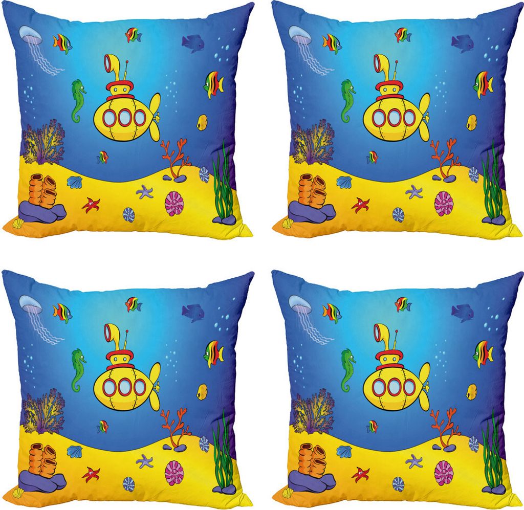 ABAKUHAUS Gelbes U-Boot Kissenbezug Set (4 Stück), Nautical Kinder, Moderner Doppelseitiger Digitaldruck, 40 cm x 40 cm, Blau Gelb
