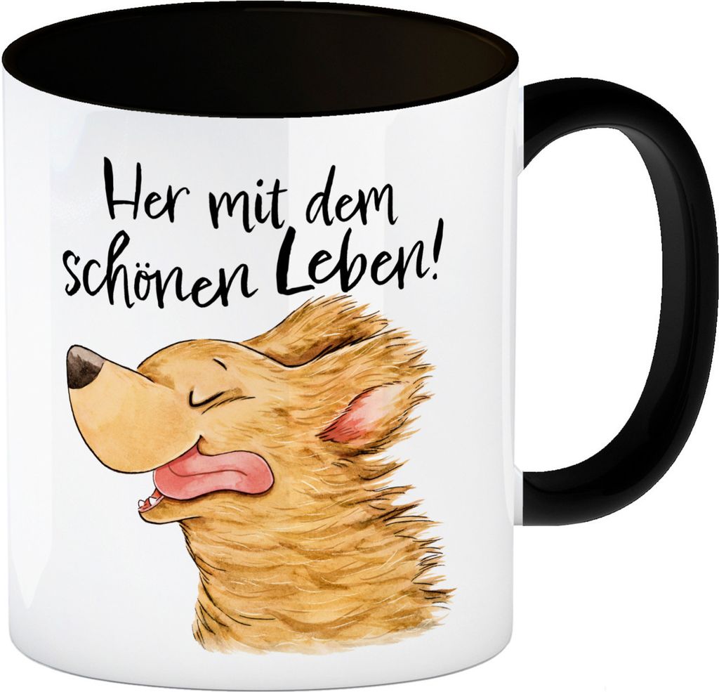 Hund Kaffeebecher in schwarz mit Spruch Her mit dem schönen Leben