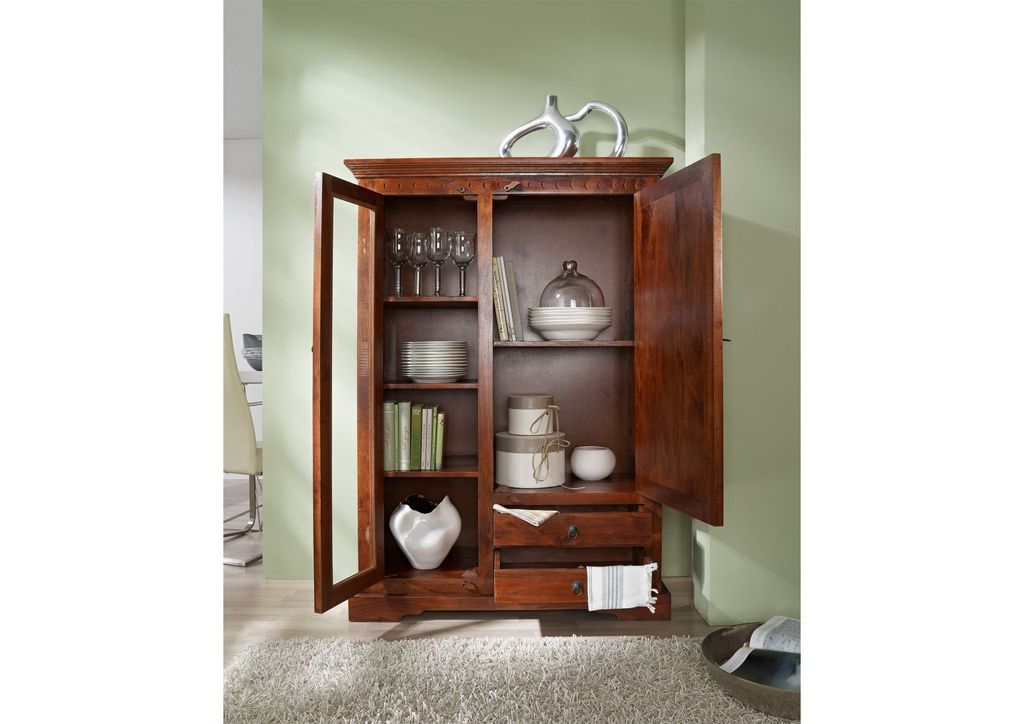 MASSIVMOEBEL24 Vitrine Akazie 110x45x155 nougat lackiert OXFORD #425
