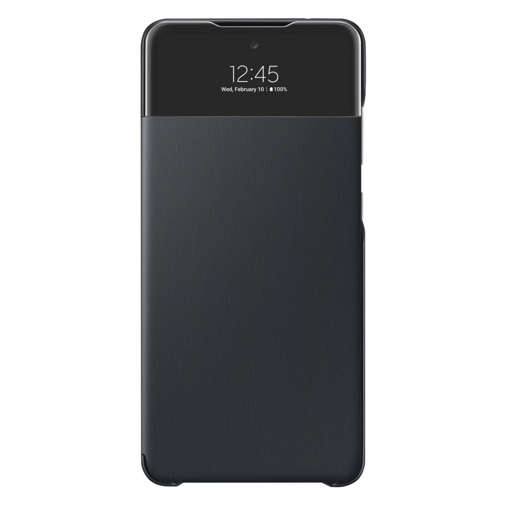 A black smartphone case with a transparent window showing the time and date.