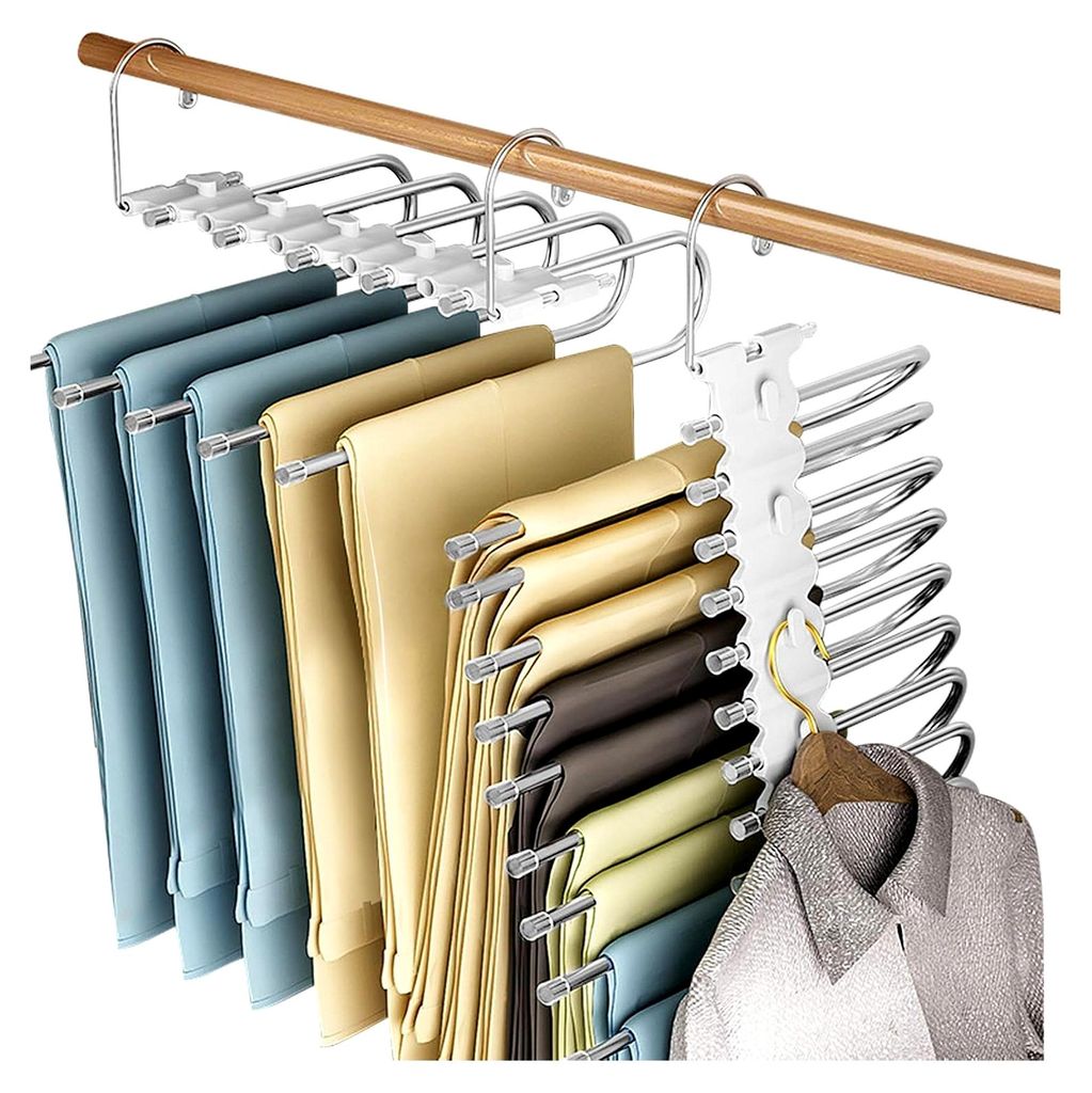 Platzsparende Hosenbügel, 2 Stück 9-in-1 Edelstahl Faltbare Hosenkleiderbügel, rutschfest für Hosen, Kleidung, Handtücher, Schals, Jeans