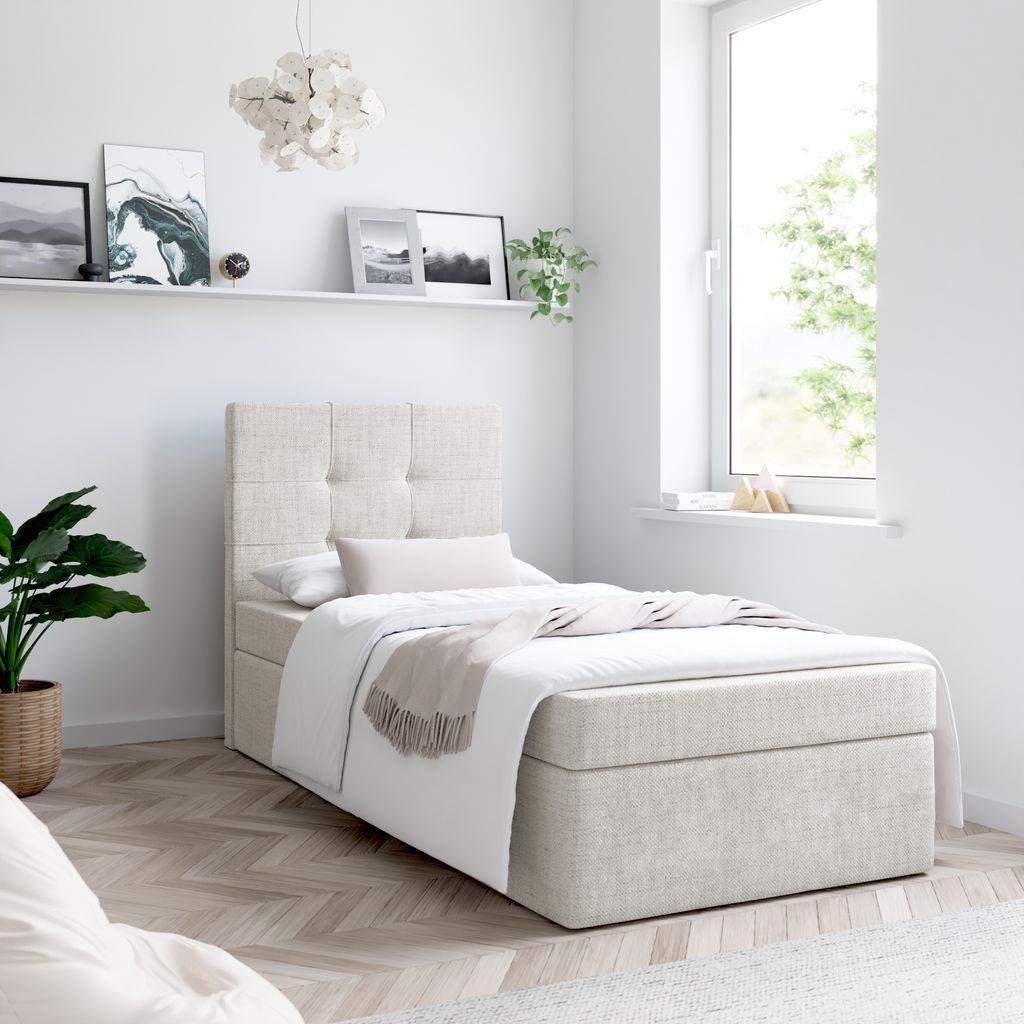 Bett, Boxspringbett MERA MINI mit Bettkästen, Doppelbett, Stauraum, Schlafzimmer, Polsterbett, Bettgestell (80x200, Beige - Aura 01, Ohne Topper)