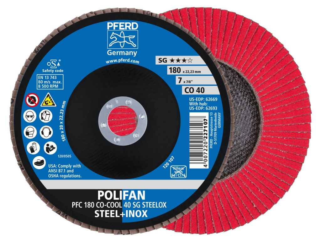 PFERD 67760485, Fächerscheibe, Aluminium, Edelstahl, Stahl, Produktbild 