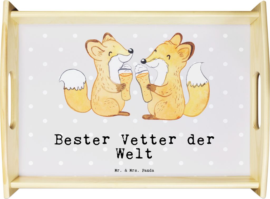 Mr. & Mrs. Panda Holztablett Fuchs Bester Vetter der Welt - Grau Pastell - Geschenk, Serviertablett, Tee Tablett, Servier, Geschenkidee, Deko, Cous...