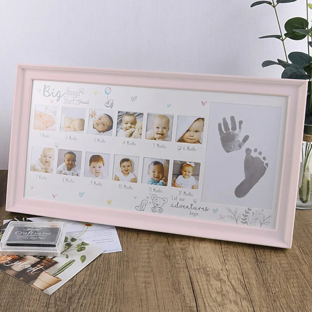 Cornice per foto di impronte di mani e piedi di bambini Anniversario di crescita Regali per bambini Cornice per foto con tampone d'inchiostro Rosa