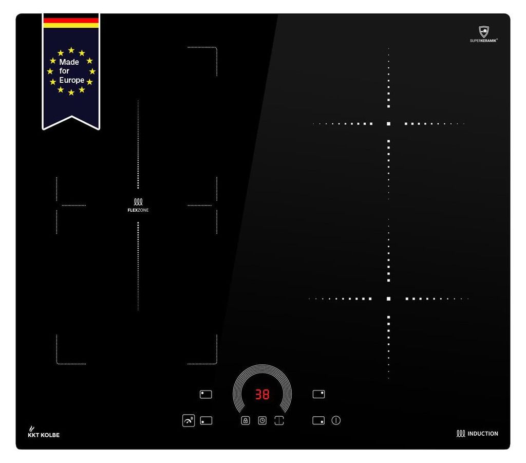 A black induction cooktop with four cooking zones and a digital display.
