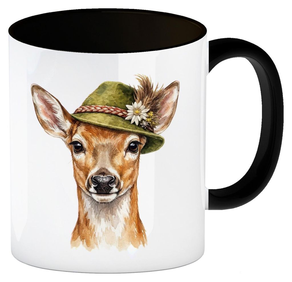 Reh mit alpenländischem Trachtenhut Kaffeebecher in schwarz