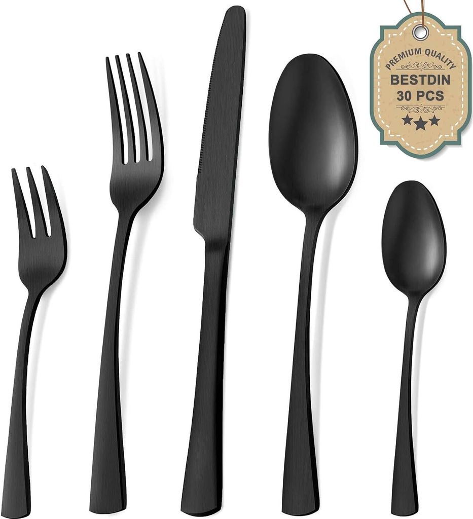 Besteck Set 6 Personen, 30 teilig Edelstahl Besteckset Schwarz Matt, Essbesteck Set mit Messer Gabel Löffel, Hochwertiges Edelstahlbesteck, Spülm...