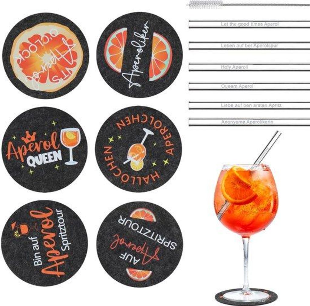 Aperol-Geschenkset mit 6 weichen Fußplatten und 6 Grasstäbchen – Cocktailzubehör und Sommerdekoration für Spritzfans und Freunde (schwarz)