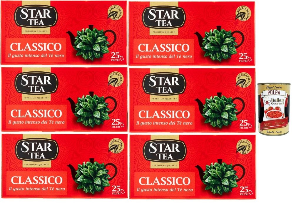 Star Tea Thè Classico, das klassische SchwarzTee, 25 Filter, eine feine Mischung mit ausgesuchten geernteten Blättern, 6x 37.5g + Italian Gourmet...