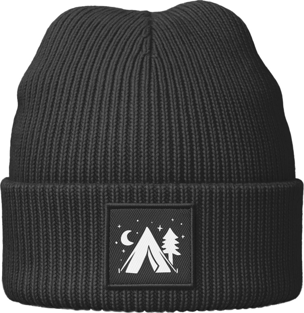 Herren Mütze Beanie mit Aufdruck Camping Logo Patch Wintermütze Print Strickmütze Rippstrick Neverless