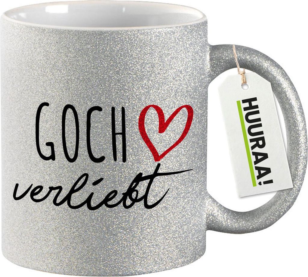 Huuraa Glitzertasse Goch verliebt 330ml Silber Keramik Kaffeebecher Geschenkidee
