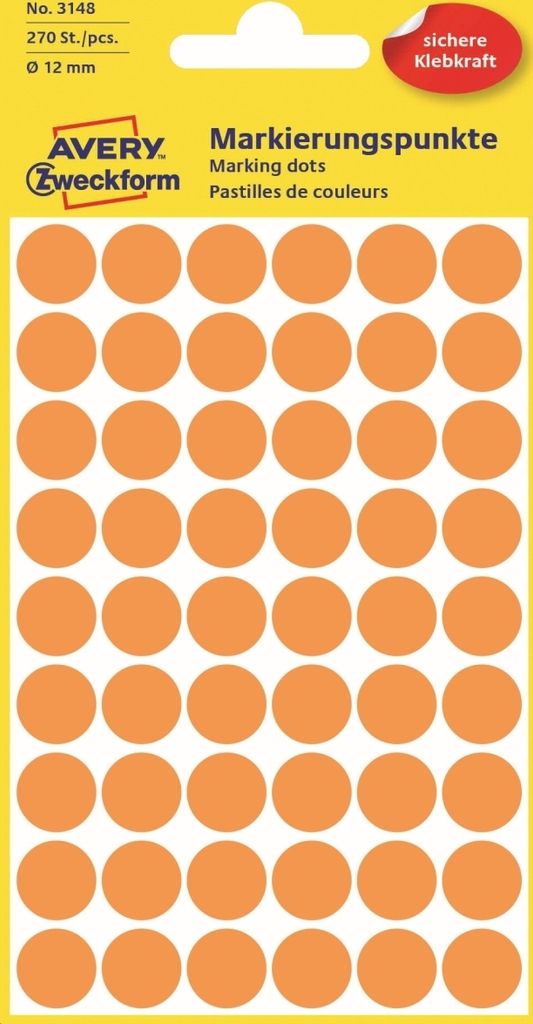 Markierungspunkte 12 mm 5 Blatt/270 Etiketten leuchtorange Packung mit 10 Stück