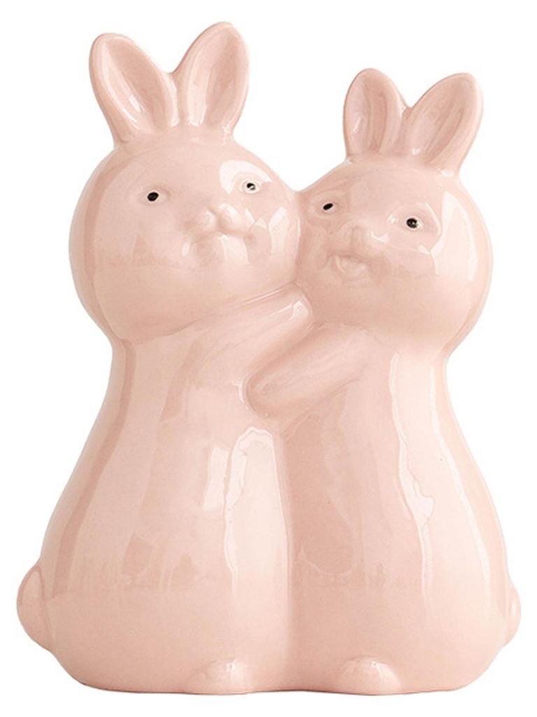 Osterhasen-Keramikfigur, Miniatur, rosa-weißes Hasenpaar, Dekoration für Zuhause, Büro oder Schreibtisch