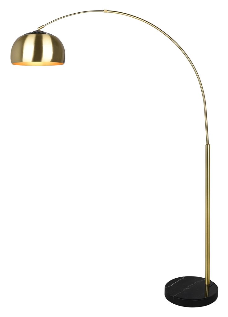 A floor lamp with a curved arm and a brass-colored shade, standing on a black marble base.