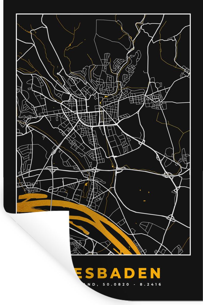 MuchoWow Wandtattoo Wandsticker Wandaufkleber Wiesbaden - Deutschland - Karte - Gold - Stadtplan 80x120 cm Selbstklebend und Repositionierbar - R...