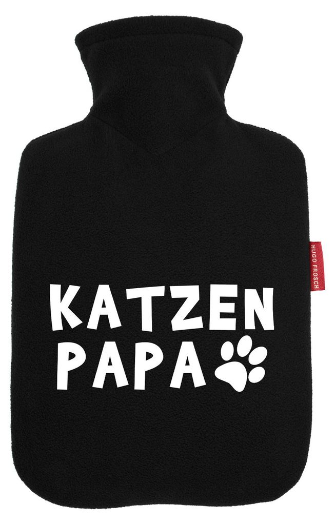 Huuraa Wärmflasche Katzenpapa Tapse 1,8 Liter Black Classic Veloursbezug Bettflasche Geschenkidee