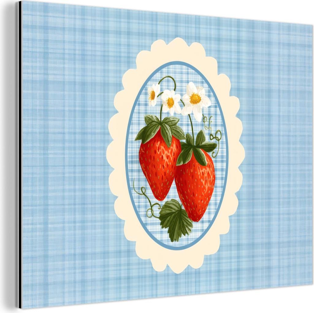MuchoWow Wanddekoration Metall Metallbild Wandkunst 80x60 cm Erdbeeren - Rahmen - Rot - Kariert MuchoWow Aluminium Gemälde - Alubild
