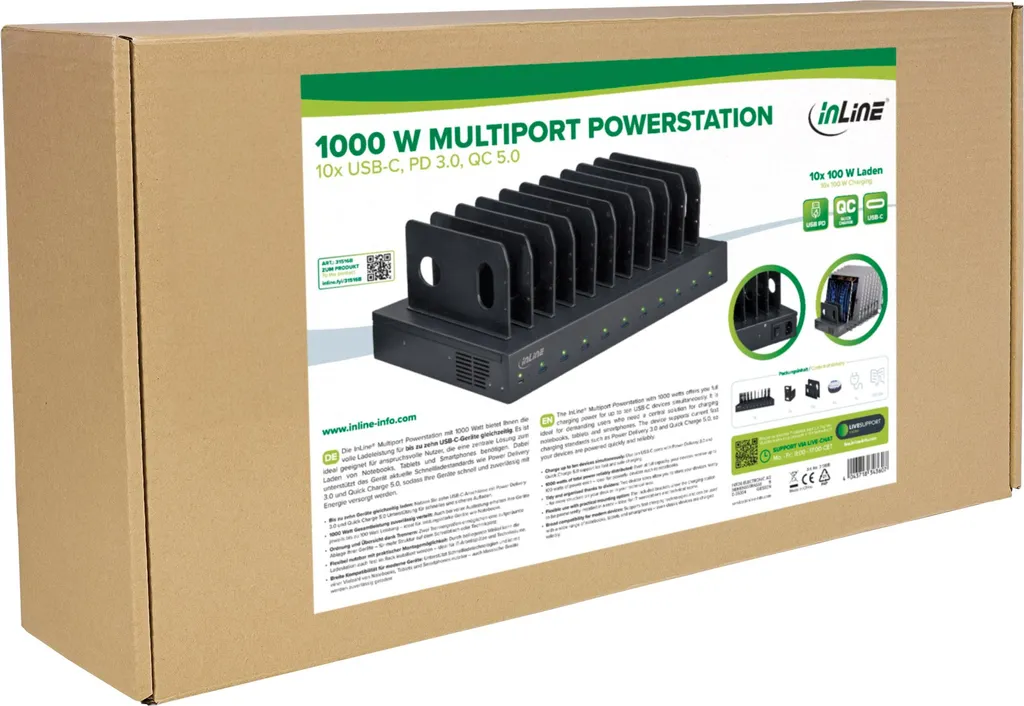 Station d'alimentation multiport InLine 1000W 10x USB-C PD 3.0 et QC 5.0 - 5
