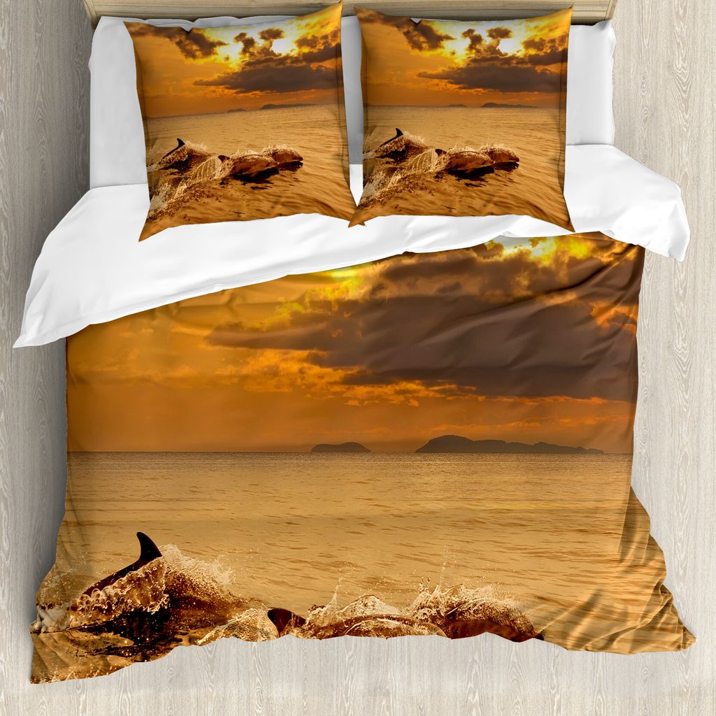 ABAKUHAUS Tierdruck Bettbezugs Set Für Doppelbetten, Delfine Abenddämmerung, Milbensicher Allergiker geeignet mit Kissenbezügen, Mehrfarbig