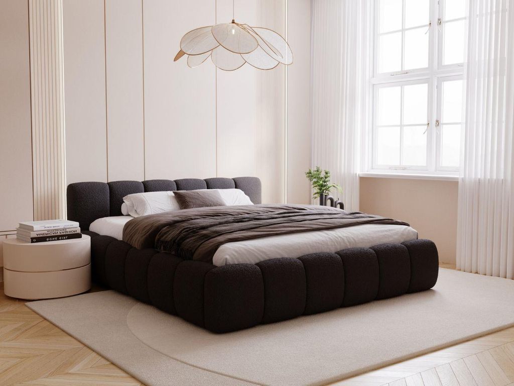 GrainGold Polsterbett Cloud Low 180x200 cm - Bett 180x200, Polsterbett mit Lattenrost und Bettkasten - Bett mit Bouclé-Stoff - Schwarz