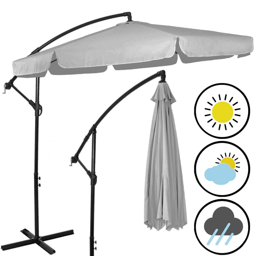 Two patio umbrellas are shown, one open and one closed, with weather icons on the right.
