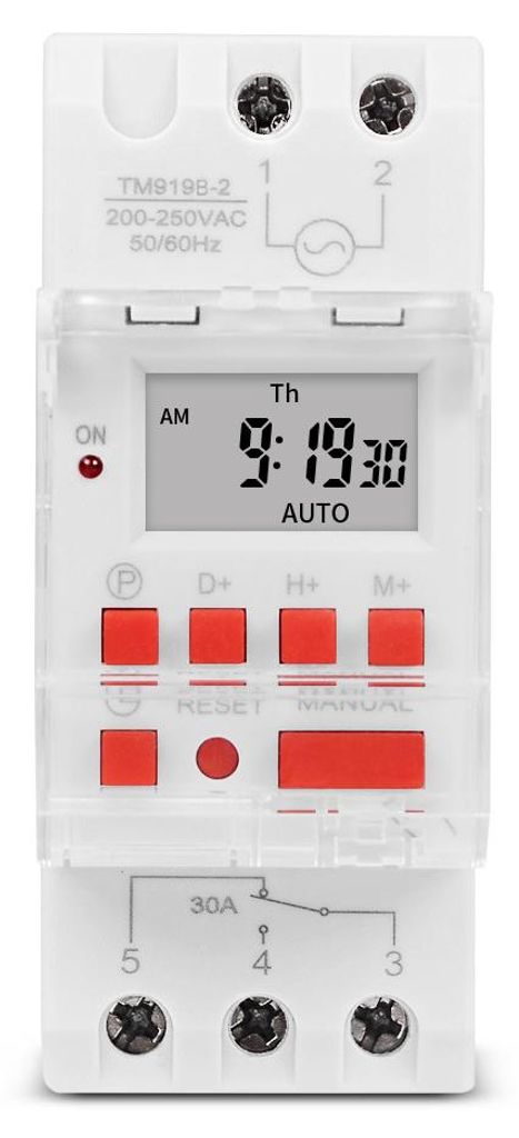 TM919BK Digitaler Zeitschalter, 85–265 V, 30 A, programmierbarer Countdown (24 Stunden/7 Tage), LCD-Anzeige, 16 Ein-/Ausschaltzeiten, 35-mm-DIN-S...