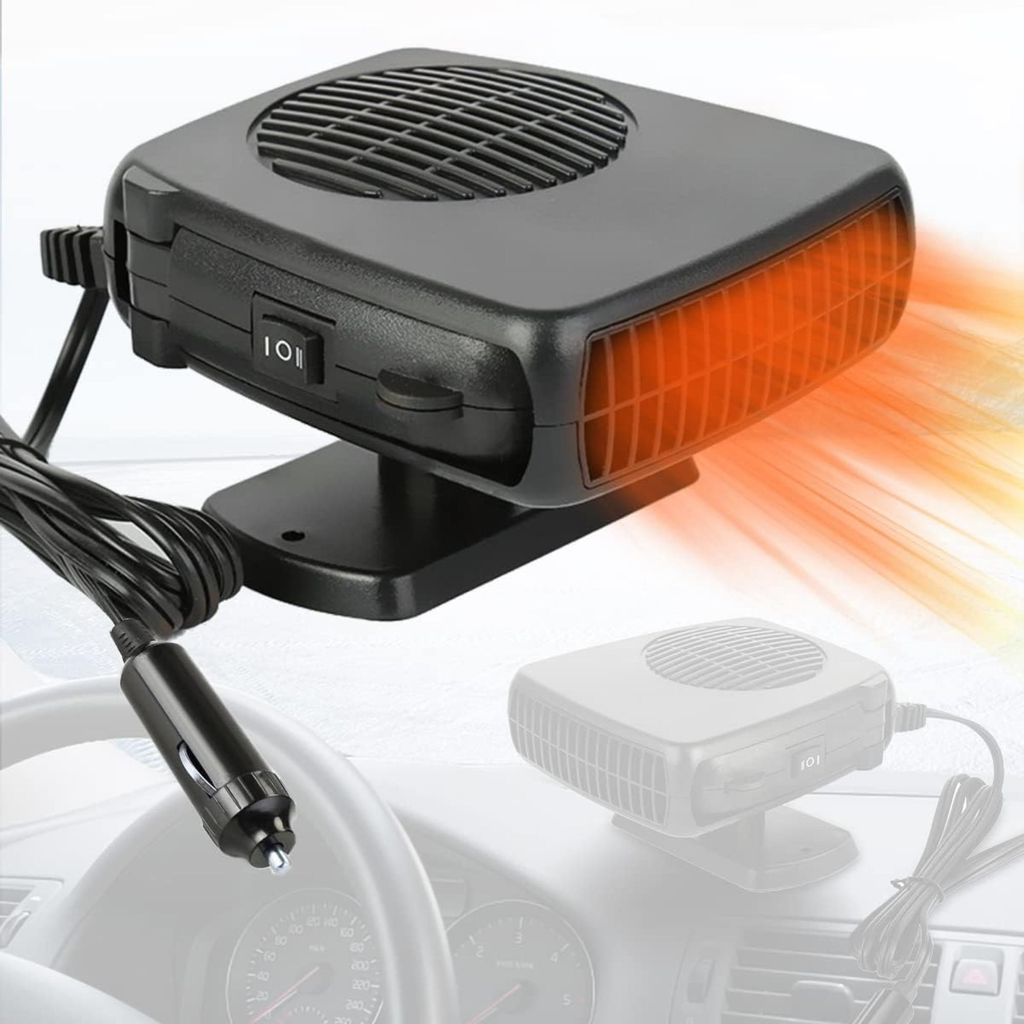 A black car heater with an orange glow emanating from its vents, shown on a stand with a car dashboard blurred in the background.