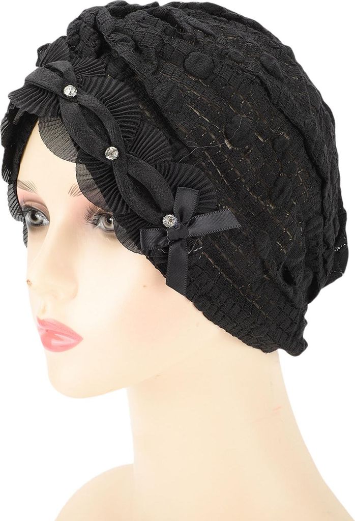 Frauen Turban Hut Strass Spitze Samt Stilvoll Elegantes Kopftuch Kappe Kopfbedeckung für Arbeit Einkaufen Schlafen Schwarz