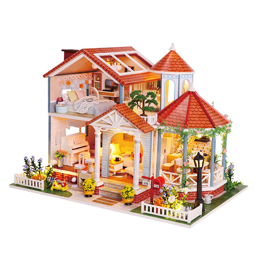 Puppenhaus aus Holz 2 Etagen mit Möbel Zubehör Spielhaus Puppenvilla  DE!! 