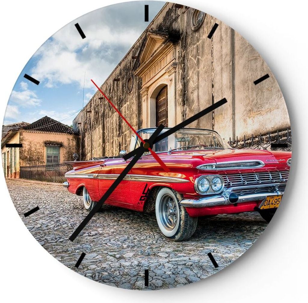 Wanduhr - Rund - Glasuhr - Auto Klassiker Kuba Chevrolet - 40x40cm - Schleichendes Uhrwerk - Lautlos - zum Aufhängen bereit - Dekoration Modern - ...