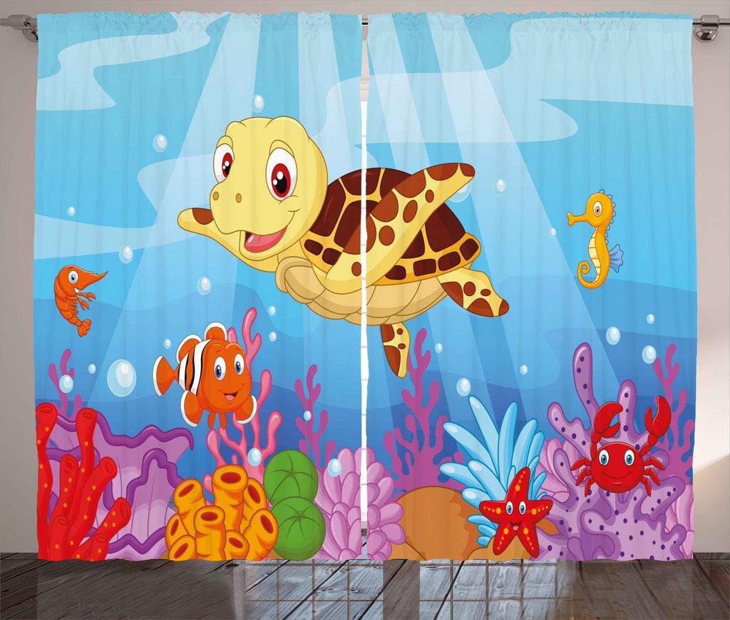 ABAKUHAUS Kids Rustikaler Vorhang, Baby-Schildkröte Fische, Wohnzimmer Universalband Gardinen mit Schlaufen und Haken, 280 x 175 cm, Mehrfarbig