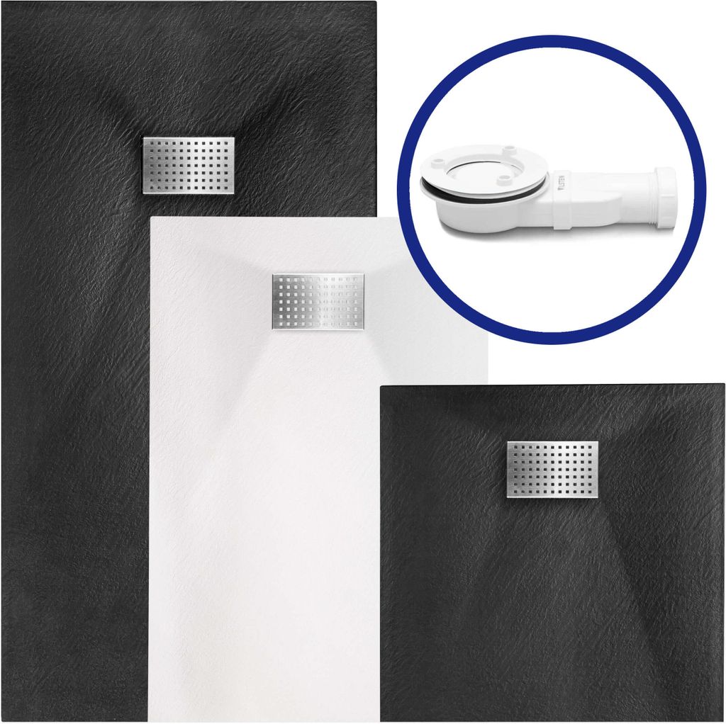 VILSTEIN Duschwanne Steinoptik I Extra Flach I Antirutsch Duschtasse I inkl. Siphon und Edelstahl Abdeckung I Schwarz I Quadratisch I 80x80