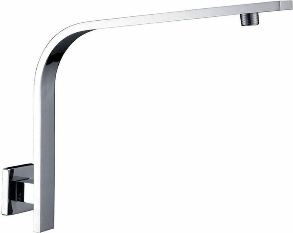A chrome shower arm mounted on a white background.