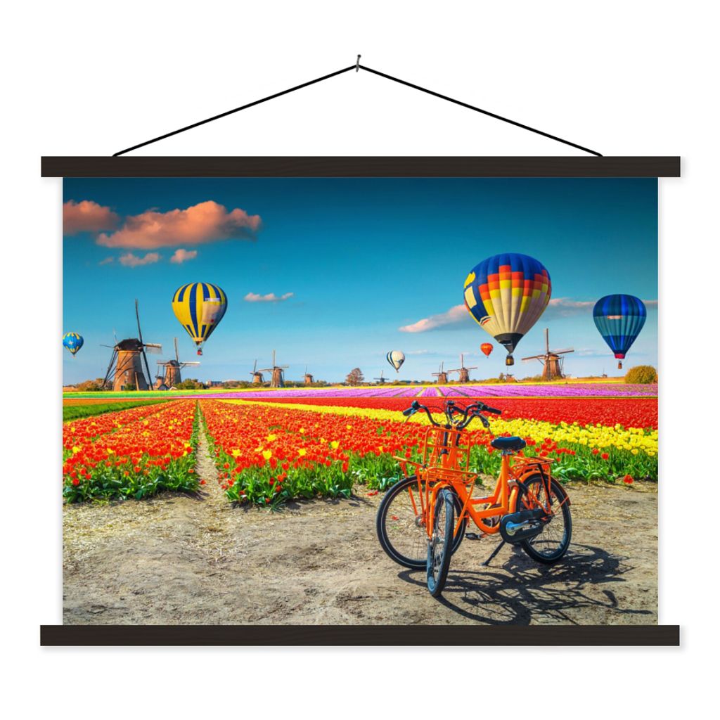 MuchoWow Textilposter Heißluftballon - Orange - Tulpen 150x113 cm mit schwarzem Rahmen - Wohnzimmer